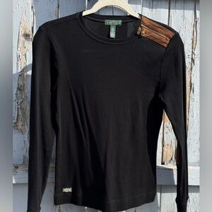Lauren Ralph Lauren Jeans Co. Black Shirt Small Womens Brown Suede Zipper Detail